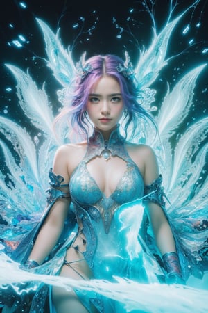 (masterpiece, top quality, best quality, official art, beautiful and aesthetic:1.2), (1girl), extreme detailed,(abstract, fractal art:1.3),colorful hair,highest detailed, detailed_eyes, fire, water, ice, lightning, light_particles, ghost sexy battle dress ,beatiful lines,resolute eyes,lightshapes,1 girl