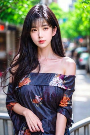 beautiful cute young attractive Korean teenage girl, City girl, 18 years old, cute, international model, long brown_hair, colorful hair, upper body, terrace,  1girl,pov,photorealistic, Korean tradition, off shoulder, orange floral print dress, cleveage, huge_breasts, photorealistic,Chinese,Vivian Chow, HKgirl, hk_idol90s