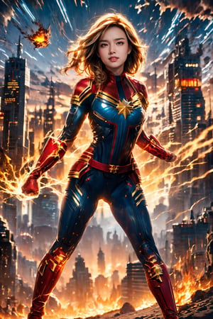 masterpiece, best quality, Vivian Chow cosplay as "Captain Marvel",  cptmarvel, bodysuit, red gloves, belt, large breasts, hourglass figure,  toned, looking at viewer, smile, night sky, flying in sky, cityscape, sunrise, hand up, fist,cptMarvel,Vivian Chow2,glow, glow , glowing eye,  fire eye, ((full body))