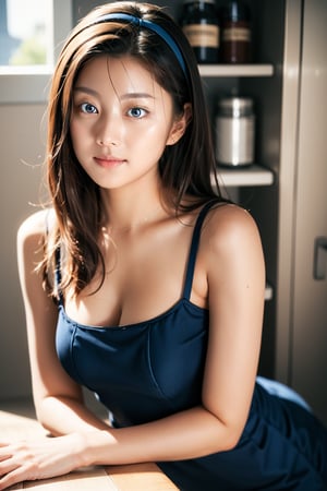 In the kitchen,bright,foods on table,1 girl, most beautiful korean girl, Korean beauty model, stunningly beautiful girl, gorgeous girl, 20yo, smiling, looking at viewer, medium curly hair, black hair,wearing tight blue short dress and hairband,opening door of refrigerator,smile,Best Quality, 32k, photorealistic, ultra-detailed, finely detailed, high resolution, perfect dynamic composition, beautiful detailed eyes, sharp-focus, ,1girl