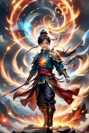 cinematic scene of a 8y Chinese boy with a bun fighting, one magic floating circular of white-red translucent energy with shiny runes hovers at his hand, facial expression of a kind and good genious childish, wearing ancient armor, ((two boots on fire)), the background is filled with mist, floating in the air, Legend clouds, rainbow clouds, mountains, Lots of red satin wrapped around him, ((a long-handled spear on fire in his hand)), ((fire lotus)), well-illuminated, GUILD WARS,glass,fire element,composed of fire elements