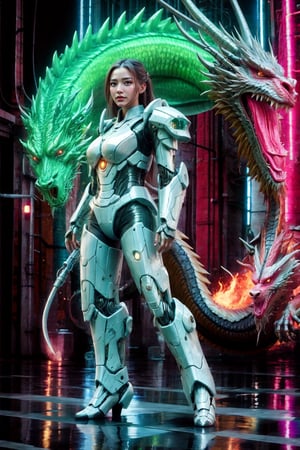 Full body portrait of a robot female with a human face, dragon skin, and dragon scale pattern, (holding a dragon head majestic sword on fire ) , fighting stance, glow, glow , black long hair, dragon-themed attire, set in outer space with a complex background featuring Chinese Dragon, Mecha, pink Mecha, and Cyberpunk elements, (masterpiece: 2), best quality, ultra highres, original, extremely detailed, perfect lighting, vibrant colors, dynamic composition, futuristic and imaginative,