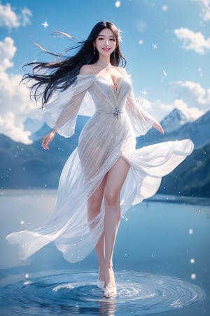 A 20y girl with long straight black hair and white skin, detailed face, alluring face, smiling a little, wearing a deep V dress made of transparent crystals. The clothes are crystal clear. It is raining heavily. She has no shoes and draws a circle in the water with her toes. Arc, hair is floating with beautiful movements, there are two rainbows in the sky, front full body photo, super real photo, 8k, focus on people, super clear, super wide angle, background blur, there is a very colorful cloud in the distant sky, in the air There are shiny particles, huge mountain scenery, and many birds flying in the distance,1 girl