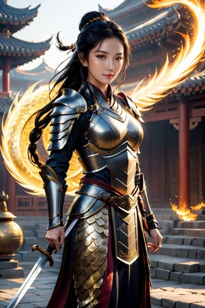 full body shot, Mulan, a women warrior with long dark braided hair,  wearing a detailed and intricate golden helmet, holding a detailed chinese silver sword, wearing ((armor made of golden scales)), sorrounded by a ball of fire, powerful, photorealistic, extreme details, 8k,dynamic pose,full_body, gh3a, LinkGirl,fire element, ,photo r3al, ((with loong, Chinese dragon style fire)),