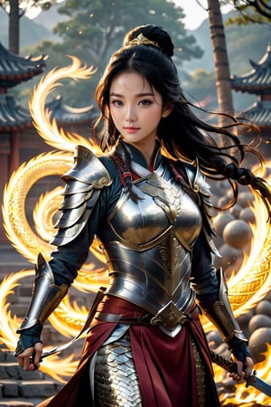 full body shot, Mulan, a women warrior with long dark braided hair,  wearing a detailed and intricate golden helmet, holding a detailed chinese silver sword, wearing ((armor made of golden scales)), sorrounded by a ball of fire, powerful, photorealistic, extreme details, 8k,dynamic pose,full_body, gh3a, LinkGirl,fire element, ,photo r3al, ((with loong, Chinese dragon style fire)),
