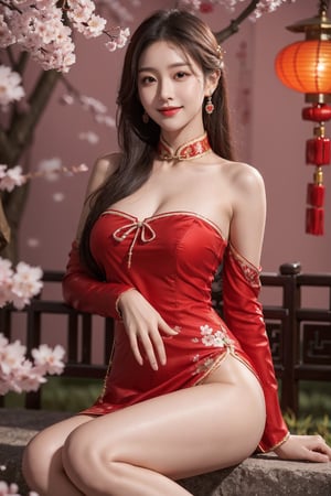 girl, kpop idol, bare shoulders, long hair, best quality, hair ornament:1.35, jewelry, earrings, cherry blossoms, lantern light, depth of field, detailed face, face focus, ribbon_trim, looking at viewer:1.25, shiny skin, long sleeves, big smile , thick lips, hands on lips, blurry background:1.2, sitting, Chinese style, front_view, full body shots:1.38, Chinese bikini qipao, Happy New Year 
