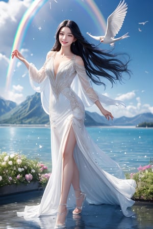 A 20y girl with long straight black hair and white skin, detailed face, alluring face, smiling a little, wearing a deep V dress made of transparent crystals. The clothes are crystal clear. It is raining heavily. She has no shoes and draws a circle in the water with her toes. Arc, hair is floating with beautiful movements, there are two rainbows in the sky, front full body photo, super real photo, 8k, focus on people, super clear, super wide angle, background blur, there is a very colorful cloud in the distant sky, in the air There are shiny particles, huge mountain scenery, and many birds flying in the distance,1 girl