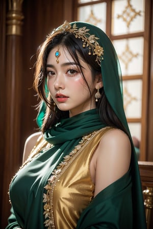 Her hair is long, dark, and lustrous, partially visible beneath the elegantly draped dupatta that adorns her head and shoulders, respecting her Muslim heritage. The dupatta, a piece of fine, lightweight fabric, is richly embroidered with traditional Pakistani motifs, incorporating colors like deep reds, vibrant greens, and golds, symbolizing the richness of her culture.