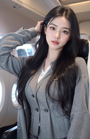 4k,best quality,((flight attendant uniform)),(( flight attendant)),masterpiece,18yo 1girl, (Beautiful and detailed eyes),Detailed face, detailed eyes, double eyelids ,thin face, real hands, Slender legs, whole body,  black hair, real person, inside the airplane backgroun