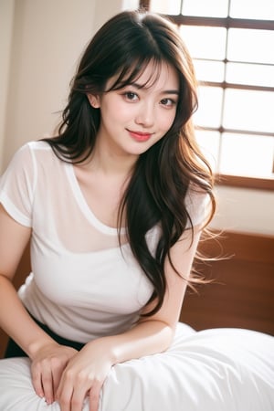 18 yo, 1 girl, beautiful korean girl,
shirt, ((Massageist)),smile, solo, {beautiful and detailed eyes}, dark eyes, calm expression, delicate facial features, ((model pose)), Glamor body type, (dark hair:1.2),very_long_hair, hair past hip, bangs, curly hair, flim grain, realhands, masterpiece, Best Quality, 16k, photorealistic, ultra-detailed, finely detailed, high resolution, perfect dynamic composition, beautiful detailed eyes, eye smile, ((nervous and embarrassed)), sharp-focus, full_body,bed,bedroom