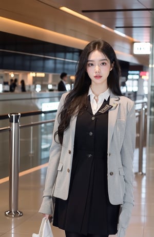 4k,best quality,((Flight attendant uniform)),masterpiece,18yo 1girl, (Beautiful and detailed eyes),Detailed face, detailed eyes, double eyelids ,thin face, real hands, Slender legs, whole body,  black hair, real person,
﻿at the airport