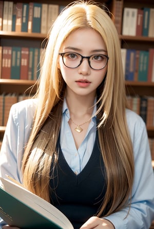 a girl,blonde hair(very long hair, straight hair),
Best Quality, 32k, photorealistic, ((Library administrator)),glasses,ultra-detailed, finely detailed, high resolution, perfect dynamic composition, beautiful detailed eyes, sharp-focus, at library