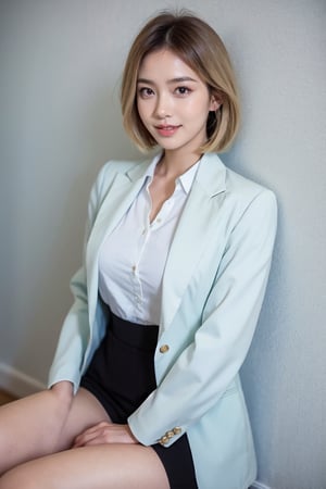 photorealistic, raw photo,ultra high res, office,Best quality, masterpiece, 8k, realistic light, delicate facial features, 1_girl , solo , short hair, blonde hair,smiling broadly. She is dressed Professional attire, looking quite mature. She appears intelligent and intellectual, full body shot:5.0,