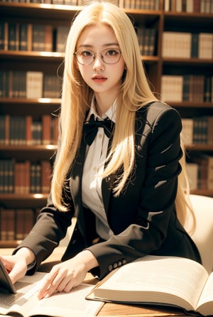 a girl,blonde hair(very long hair, straight hair),
Best Quality, 32k, photorealistic, (Library administrator),glasses,uniform,ultra-detailed, finely detailed, high resolution, perfect dynamic composition, beautiful detailed eyes, sharp-focus, at library,sitting