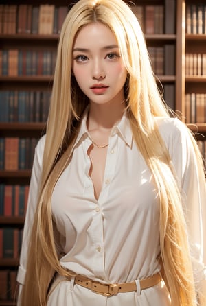 a girl,blonde hair(very long hair, straight hair),
Best Quality, 32k, photorealistic, (Library administrator),Work clothes,ultra-detailed, finely detailed, high resolution, perfect dynamic composition, beautiful detailed eyes, sharp-focus, at library