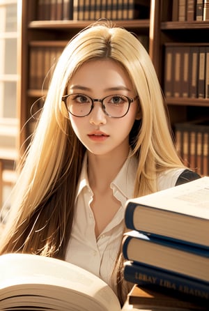 a girl,blonde hair(very long hair, straight hair),
Best Quality, 32k, photorealistic, (Library administrator),glasses,uniform,ultra-detailed, finely detailed, high resolution, perfect dynamic composition, beautiful detailed eyes, sharp-focus, at library