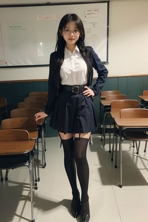 1girl, solo, long hair, (black stocking),looking at viewer, big boob, (full body),smile,standing in the classroom,blue eyes, skirt, black long hair, school uniform,glasses, belt, twin braids, cosplay, realistic