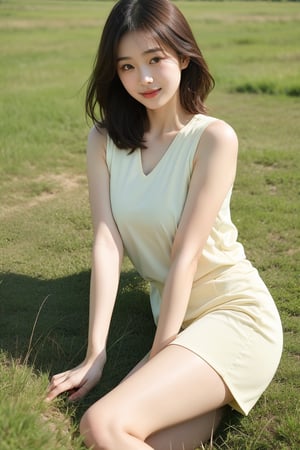 Soft focus on a warm-toned Korean woman wearing comfortable sportswear, her gentle smile and captivating eyes drawing the viewer's attention. Her adorable features are set against a serene backdrop of endless green grasslands, with the sun casting a soft glow across the scene, highlighting the subtle folds in her clothing and the texture of the tall grasses.