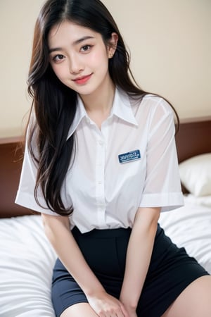 18 yo, 1 girl, beautiful korean girl,
((Work uniforms)),((shirt)),smile, solo, {beautiful and detailed eyes}, dark eyes, calm expression, delicate facial features, ((model pose)),sitting,bed