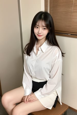 A Korean woman with a soft smile,  eyes that draw people in, a white blouse and miniskirt, a cute and lovely face, sitting in office