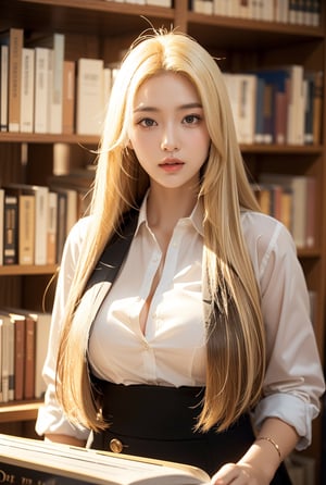 a girl,blonde hair(very long hair, straight hair),
Best Quality, 32k, photorealistic, (Library administrator),Work clothes,ultra-detailed, finely detailed, high resolution, perfect dynamic composition, beautiful detailed eyes, sharp-focus, at library