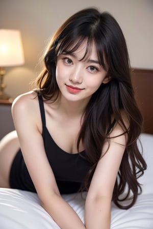 18 yo, 1 girl, beautiful korean girl,
((wearing unifom)),smile, solo, {beautiful and detailed eyes}, dark eyes, calm expression, delicate facial features, ((model pose)), Glamor body type, (dark hair:1.2),very_long_hair, hair past hip, bangs, curly hair, flim grain, realhands, masterpiece, Best Quality, 16k, photorealistic, ultra-detailed, finely detailed, high resolution, perfect dynamic composition, beautiful detailed eyes, eye smile, ((nervous and embarrassed)), sharp-focus, full_body,sitting,bed