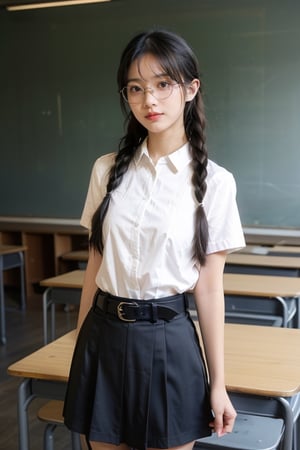 1girl, solo, long hair, looking at viewer, big boob, smile,standing in the classroom,black stocking,blue eyes, skirt, black long hair, school uniform,glasses, belt, twin braids, cosplay, realistic