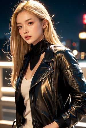 blonde hair(very long hair, straight hair),
Best Quality, 32k, photorealistic, ultra-detailed, finely detailed, high resolution, perfect dynamic composition, beautiful detailed eyes, sharp-focus, ((black leather jacket)), black Turtle neck shirt, night city view