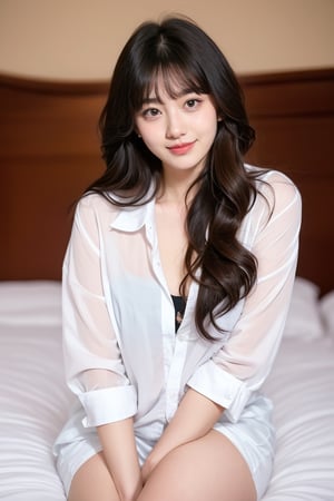 18 yo, 1 girl, beautiful korean girl,
shirt, ((unifom)),smile, solo, {beautiful and detailed eyes}, dark eyes, calm expression, delicate facial features, ((model pose)), Glamor body type, (dark hair:1.2),very_long_hair, hair past hip, bangs, curly hair, flim grain, realhands, masterpiece, Best Quality, 16k, photorealistic, ultra-detailed, finely detailed, high resolution, perfect dynamic composition, beautiful detailed eyes, eye smile, ((nervous and embarrassed)), sharp-focus, full_body,bed