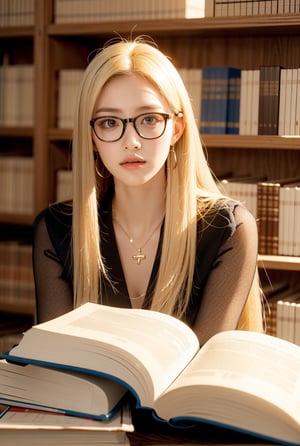 a girl,blonde hair(very long hair, straight hair),
Best Quality, 32k, photorealistic, ((Library administrator)),glasses,ultra-detailed, finely detailed, high resolution, perfect dynamic composition, beautiful detailed eyes, sharp-focus, at library