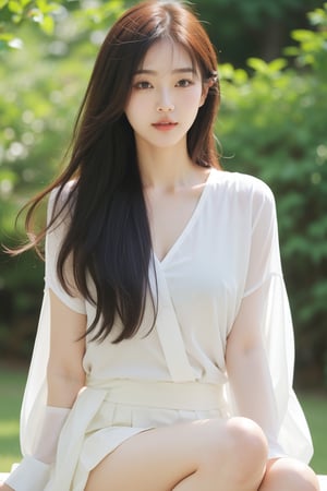 A Korean woman with a soft smile,  eyes that draw people in, a white blouse and miniskirt, a cute and lovely face, a gentle breeze blowing behind the background and soft sunlight