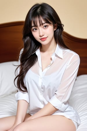 18 yo, 1 girl, beautiful korean girl,
((unifom)),((shirt)),smile, solo, {beautiful and detailed eyes}, dark eyes, calm expression, delicate facial features, ((model pose)), Glamor body type, (dark hair:1.2),very_long_hair, hair past hip, bangs, curly hair, flim grain, realhands, masterpiece, Best Quality, 16k, photorealistic, ultra-detailed, finely detailed, high resolution, perfect dynamic composition, beautiful detailed eyes, eye smile, ((nervous and embarrassed)), sharp-focus, full_body,sitting,bed