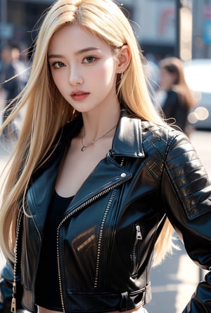 blonde hair(very long hair, straight hair),
Best Quality, 32k, photorealistic, ultra-detailed, finely detailed, high resolution, perfect dynamic composition, beautiful detailed eyes, sharp-focus, ((black leather jacket)), On the street,motorcycle