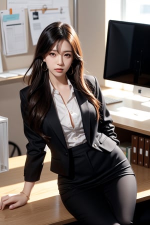 Manga City Hunter style, Professional attire,Saeko Nogami, 1girl, solo, looking at viewer,  black hair, jewelry, earrings,dark eyes, lips,((office))