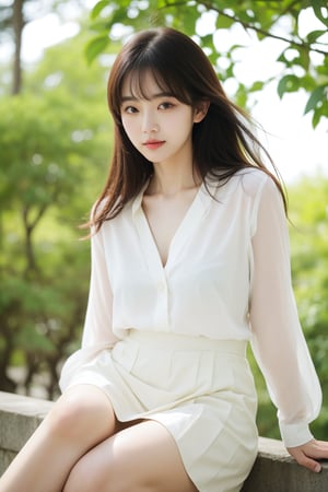 A Korean woman with a soft smile,  eyes that draw people in, a white blouse and miniskirt, a cute and lovely face, a gentle breeze blowing behind the background and soft sunlight