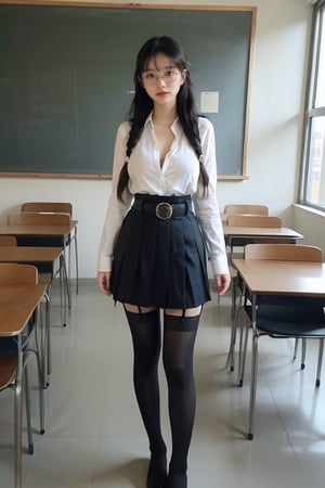 1girl, solo, long hair, (black stocking),looking at viewer, big boob, (full body),smile,standing in the classroom,blue eyes, skirt, black long hair,glasses, belt, twin braids, cosplay, realistic