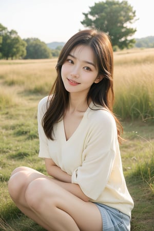 Soft focus on a warm-toned Korean woman wearing comfortable sportswear, her gentle smile and captivating eyes drawing the viewer's attention. Her adorable features are set against a serene backdrop of endless green grasslands, with the sun casting a soft glow across the scene, highlighting the subtle folds in her clothing and the texture of the tall grasses.