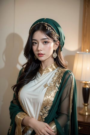 Her hair is long, dark, and lustrous, partially visible beneath the elegantly draped dupatta that adorns her head and shoulders, respecting her Muslim heritage. The dupatta, a piece of fine, lightweight fabric, is richly embroidered with traditional Pakistani motifs, incorporating colors like deep reds, vibrant greens, and golds, symbolizing the richness of her culture.