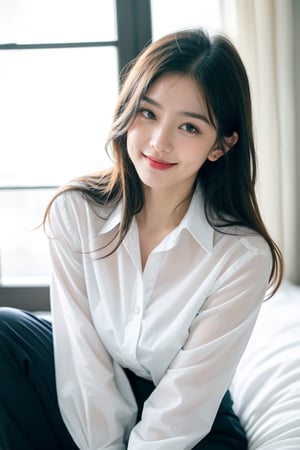 18 yo, 1 girl, beautiful korean girl,
((Work uniforms)),((shirt)),smile, solo, {beautiful and detailed eyes}, dark eyes, calm expression, delicate facial features, ((model pose)),sitting,bed