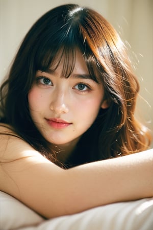 18 yo, 1 girl, beautiful korean girl,
shirt, ((unifom)),smile, solo, {beautiful and detailed eyes}, dark eyes, calm expression, delicate facial features, ((model pose)), Glamor body type, (dark hair:1.2),very_long_hair, hair past hip, bangs, curly hair, flim grain, realhands, masterpiece, Best Quality, 16k, photorealistic, ultra-detailed, finely detailed, high resolution, perfect dynamic composition, beautiful detailed eyes, eye smile, ((nervous and embarrassed)), sharp-focus, full_body,bed