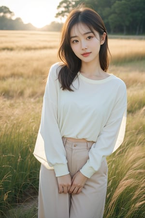 Soft focus on a warm-toned Korean woman wearing comfortable sportswear, her gentle smile and captivating eyes drawing the viewer's attention. Her adorable features are set against a serene backdrop of endless green grasslands, with the sun casting a soft glow across the scene, highlighting the subtle folds in her clothing and the texture of the tall grasses.