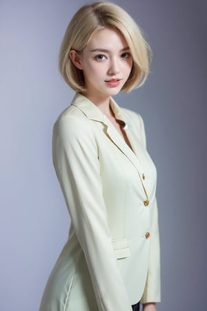 photorealistic, raw photo,ultra high res, Best quality, masterpiece, 8k, realistic light, delicate facial features, 1_girl , solo , short hair, blonde hair,smiling broadly. She is dressed Professional attire, looking quite mature. She appears intelligent and intellectual, full body shot:5.0,