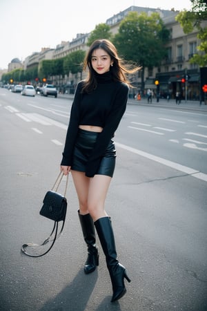 background is street,the Arc de Triomphe,triumphal arch,Paris,
18 yo, 1 girl, beautiful korean girl,
wearing tight black sweater(turtle neck,simple),tight leather short skirt,black long boots,shoulder bag, smile, solo, {beautiful and detailed eyes}, dark eyes, calm expression, delicate facial features, ((model pose)), Glamor body type, (dark hair:1.2), simple tiny earrings, simple tiny necklace,very_long_hair, hair past hip, bangs, curly hair, flim grain, realhands, masterpiece, Best Quality, 16k, photorealistic, ultra-detailed, finely detailed, high resolution, perfect dynamic composition, beautiful detailed eyes, eye smile, ((nervous and embarrassed)), sharp-focus, full_body, cowboy_shot,