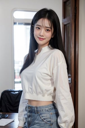 background is office,
18 yo, 1 girl, beautiful chinese girl,
wearing white collared long sleeve shirts,short pants, smile,solo, {beautiful and detailed eyes}, dark eyes, calm expression, delicate facial fea
tures, ((model pose)), Glamor body type, (dark hair:1.2), very_long_hair, hair past hip, bangs, straight hair, flim grain, realhands, masterpiece, Best Quality, 14k, photorealistic, ultra-detailed, finely detailed, high resolution, perfect dynamic composition, beautiful detailed eyes, eye smile, ((nervous and embarrassed)), sharp-focus, full_body