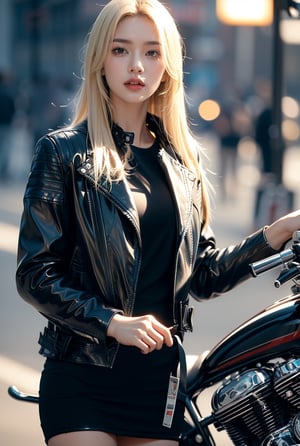 a girl,blonde hair(very long hair, straight hair),
Best Quality, 32k, photorealistic, (motorcycle),ultra-detailed, finely detailed, high resolution, perfect dynamic composition, beautiful detailed eyes, sharp-focus, ((black leather jacket)), night,Standing next to the motorcycle,