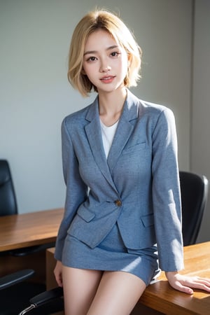 photorealistic, raw photo,ultra high res, office,Best quality, masterpiece, 8k, realistic light, delicate facial features, 1_girl , solo , short hair, blonde hair,smiling broadly. She is dressed Professional attire, looking quite mature. She appears intelligent and intellectual, full body shot:5.0,