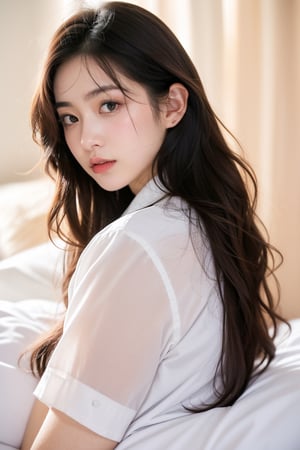 18 yo, 1 girl, beautiful korean girl,
( uniform),((shirt)), solo, {beautiful and detailed eyes}, dark eyes, calm expression, delicate facial features, ((model pose)), Glamor body type, (dark hair:1.2), on the bed