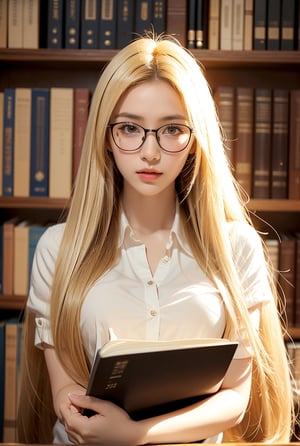 a girl,blonde hair(very long hair, straight hair),
Best Quality, 32k, photorealistic, (Library administrator),glasses,uniform,ultra-detailed, finely detailed, high resolution, perfect dynamic composition, beautiful detailed eyes, sharp-focus, at library