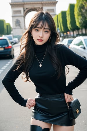 background is street,the Arc de Triomphe,triumphal arch,Paris,
18 yo, 1 girl, beautiful korean girl,
wearing tight black sweater(turtle neck,simple),tight leather short skirt,black long boots,shoulder bag, smile, solo, {beautiful and detailed eyes}, dark eyes, calm expression, delicate facial features, ((model pose)), Glamor body type, (dark hair:1.2), simple tiny earrings, simple tiny necklace,very_long_hair, hair past hip, bangs, curly hair, flim grain, realhands, masterpiece, Best Quality, 16k, photorealistic, ultra-detailed, finely detailed, high resolution, perfect dynamic composition, beautiful detailed eyes, eye smile, ((nervous and embarrassed)), sharp-focus, full_body, cowboy_shot,