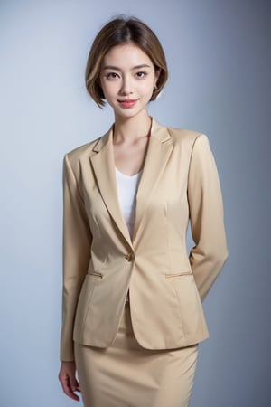 photorealistic, raw photo,ultra high res, office,Best quality, masterpiece, 8k, realistic light, delicate facial features, 1_girl , solo , short hair, blonde hair,smiling broadly. She is dressed Professional attire, looking quite mature. She appears intelligent and intellectual, full body shot:5.0,